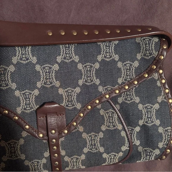 Celine Denim and Brown leather Studded Shoulder Bag - Picture 3 of 16